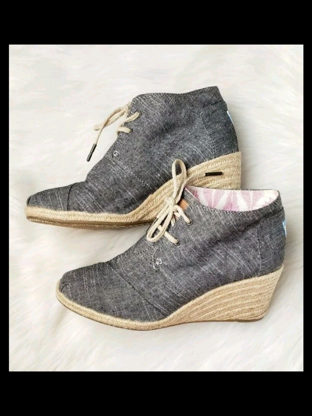 Toms Gray Linen Canvas Desert Lace-Up Wedge Espadrille Ankle Boots. Size 8.5
